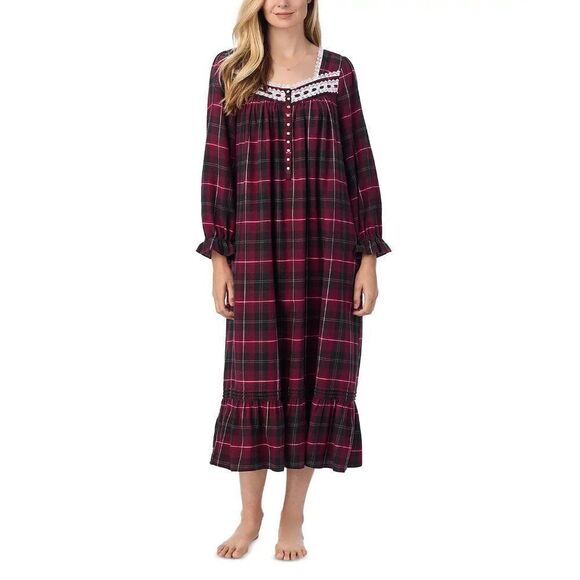 Eileen West Nightgown Womens Size XS Hollyberry Plaid Pajama Long Lace Cottage - Picture 2 of 16